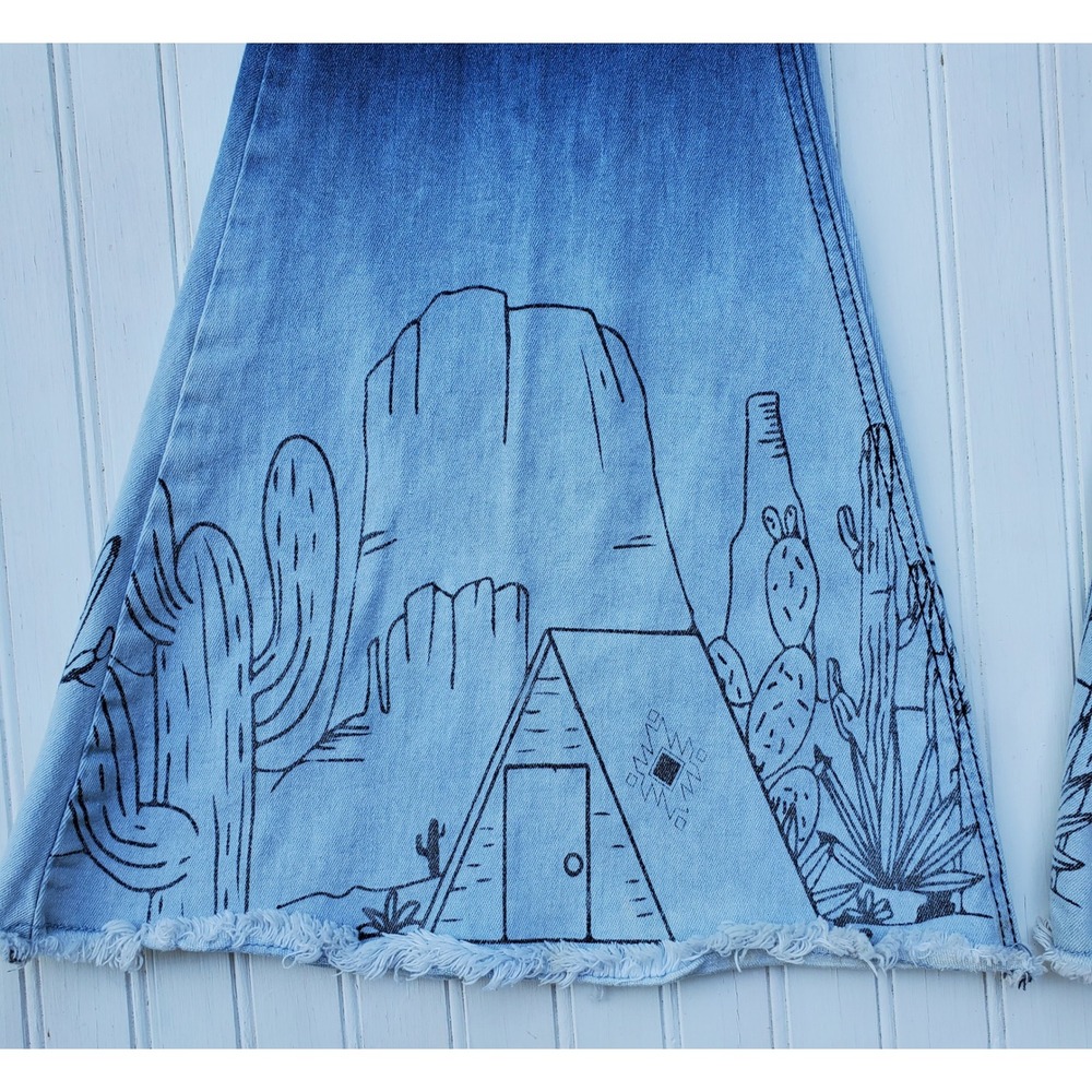 Rock & Roll Denim Ombre Desert Bell Bottom Flare Jeans Blue Cacti Cabin 29x31 - Picture 3 of 10